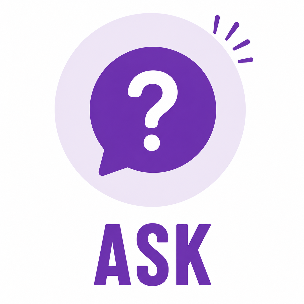 Purple speech bubble with a white question mark inside, set against a light purple circle with three lines above it. Bold purple text below reads ASK..