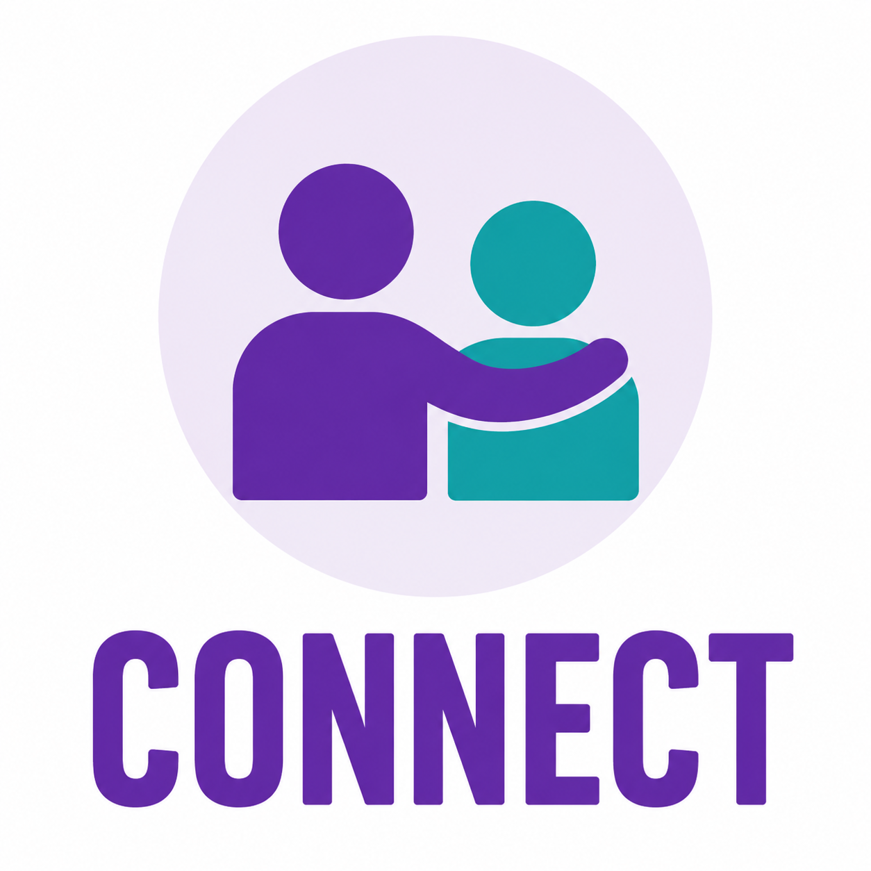 Two simplified human figures, one purple with an arm around a teal figure, inside a light purple circle. The word CONNECT is written in bold purple text below the image.