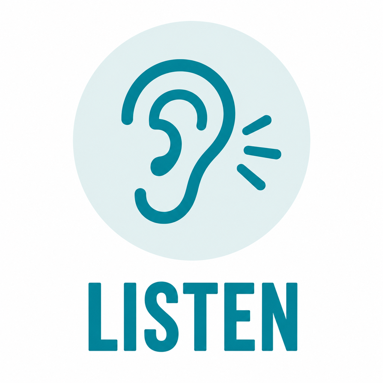 A blue outline of an ear with sound lines, inside a light blue circle above the word LISTEN in bold blue letters.