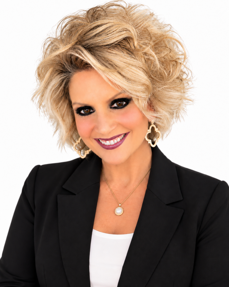 A woman with blonde hair, dark eye makeup, and bold lipstick wearing a black blazer and a pearl pendant necklace.